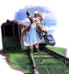  asymmetrical_clothes bag black_gloves blue_sky breasts brown_hair bun_cover cleavage cloud day double_bun dress full_body gloves grass ground_vehicle highres jacket long_sleeves masao medium_breasts mismatched_footwear moss open_clothes open_jacket original over-kneehighs pointing pointing_forward railroad_tracks scenery sky smile solo striped striped_legwear thighhighs train white_dress wreckage yellow_eyes zettai_ryouiki 