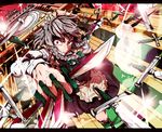  braid clock clock_tower grey_hair izayoi_sakuya knife maid maid_headdress red_eyes short_hair solo toriko_(hatoriko) touhou tower twin_braids 