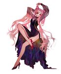  bangs bare_legs bishoujo_senshi_sailor_moon black_dress black_lady chibi_usa crescent double_bun dress earrings facial_mark forehead_mark full_body high_heels highres jewelry leg_up long_hair long_legs long_sleeves older parted_bangs parted_lips pigeon666 pink_hair puffy_long_sleeves puffy_sleeves pumps red_eyes red_footwear see-through shoes side_slit solo twintails very_long_hair white_background 