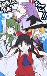  animal_ears ascot bad_id bad_twitter_id black_hair blonde_hair bow braid broom brown_eyes bunny_ears detached_sleeves frog_hair_ornament gohei green_eyes green_hair gun hair_bow hair_ornament hair_tubes hakurei_reimu hat hat_bow hichiko japanese_clothes jpeg_artifacts kirisame_marisa kochiya_sanae legacy_of_lunatic_kingdom long_hair long_sleeves looking_at_viewer lunatic_gun miko multiple_girls open_mouth profile puffy_sleeves purple_hair red_eyes reisen_udongein_inaba shirt short_hair short_sleeves side_braid single_braid skirt skirt_set smile snake_hair_ornament text_focus tongue tongue_out touhou twitter_username vest weapon wide_sleeves witch_hat yellow_eyes 