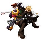  black_coat black_coat_(kingdom_hearts) blonde_hair brown_hair cloak commentary_request dual_wielding fingerless_gloves gloves green_eyes holding karatou keyblade keychain kingdom_hearts male_focus multiple_boys open_mouth roxas simple_background smile sora_(kingdom_hearts) white_background 