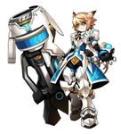  armor blackjd83 blonde_hair boots cannon chung_seiker elsword full_body gauntlets gloves greaves green_eyes hair_flaps huge_weapon long_hair male_focus official_art shelling_guardian_(elsword) smile spiked_hair standing surcoat weapon white_background 
