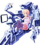  bangs bare_shoulders black_legwear blonde_hair blue_eyes blush bow bowtie breasts cockpit cup dee_(fire2332) drinking_straw elbow_gloves from_side full_body gloves halterneck holding knee_up light_smile looking_at_viewer mecha_musume mechanical_arm monitor original pleated_skirt robot short_hair simple_background sitting skirt small_breasts smile solo stylus tattoo thighhighs turtleneck white_background white_gloves 