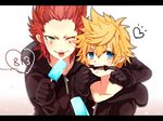  :p ;p axel_(kingdom_hearts) black_coat black_coat_(kingdom_hearts) blonde_hair blue_eyes blush character_name dual_wielding facial_mark food gloves green_eyes heart height_difference holding hood ice_cream kingdom_hearts male_focus mouth_pull multiple_boys one_eye_closed organization_xiii pinko_(inazume-panko) red_hair roxas smile sweatdrop tongue tongue_out 
