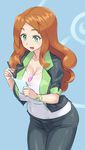  amelia_(pokemon) blue_background breasts brown_hair cleavage covered_navel cropped_jacket green_eyes highres huge_breasts mizuumi_(bb) pen pokemon pokemon_(game) pokemon_shuffle reporter solo 