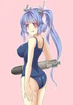  :q \||/ ass blue_hair breasts cowboy_shot from_side hair_ornament hair_ribbon holding i-19_(kantai_collection) impossible_clothes impossible_swimsuit kantai_collection large_breasts licking_lips long_hair looking_at_viewer looking_to_the_side one-piece_swimsuit outline pink_background red_eyes ribbon school_swimsuit sei_kazuyoshi shoulder_blades simple_background smile solo star star-shaped_pupils swimsuit symbol-shaped_pupils taut_clothes taut_swimsuit tongue tongue_out torpedo tri_tails 