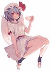  black_legwear blue_hair cup full_body hat holding looking_at_viewer misoni_comi mob_cap orange_eyes remilia_scarlet shoes short_hair simple_background smile socks solo teacup touhou white_background 