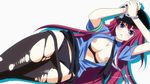  blue_eyes blush breasts cuffs female grisaia_(series) grisaia_no_kajitsu handcuffs hat large_breasts long_hair looking_at_viewer lying nipples open_mouth panties red_hair solo suou_amane thighhighs torn_clothes underwear 