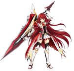  armor armored_dress artist_request black_legwear braid detached_collar elesis_(elsword) elsword full_body gloves grand_master_(elsword) greaves half_updo huge_weapon long_hair neckerchief no_nose official_art red_eyes red_hair serious solo standing sword thighhighs weapon white_background white_gloves 