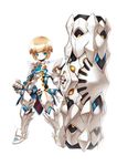  armor blackjd83 blonde_hair cannon chung_seiker elsword expressionless full_body gauntlets gloves greaves green_eyes guardian_(elsword) hair_flaps huge_weapon male_focus necktie official_art solo standing weapon white_background 