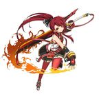  artist_request belt black_bow black_gloves black_skirt bow elesis_(elsword) elsword fingerless_gloves fire full_body gloves hair_bow left-handed long_hair official_art over_shoulder pantyhose pleated_skirt ponytail pyro_knight_(elsword) pyrokinesis red_eyes red_hair red_legwear shoes skirt smile solo standing standing_on_one_leg sword weapon white_background 