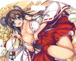  absurdres areola_slip areolae bare_shoulders bell blue_eyes breasts brown_hair chinese_zodiac circle_name covered_nipples hakama highres horns japanese_clothes jingle_bell kagura_suzu large_breasts long_hair looking_at_viewer miko new_year original red_hakama ribbon-trimmed_sleeves ribbon_trim see-through sheep sheep_horns smile solo tabi thighs tomose_shunsaku year_of_the_goat 