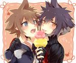  black_hair blue_eyes blush brown_hair eating fingerless_gloves food gloves hair_between_eyes heart ice_cream ice_cream_cone interlocked_fingers kingdom_hearts licking look-alike male_focus multiple_boys open_mouth pinko_(inazume-panko) sharing_food sora_(kingdom_hearts) spiked_hair spoilers star teeth tongue tongue_out upper_body vanitas yaoi yellow_eyes 