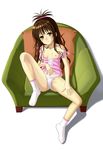  blush bow bow_panties breasts brown_eyes brown_hair cosplay couch feet_on_chair from_above hand_on_thigh head_tilt highres hizashi_no_naka_no_real long_hair long_legs looking_at_viewer nipples no_pants panties parody pillow simple_background small_breasts smile socks solo spread_legs strap_slip to_love-ru tooo tsutsumi_kinuka tsutsumi_kinuka_(cosplay) underwear white_background white_legwear white_panties yuuki_mikan 