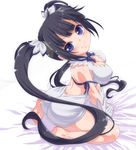  bad_id bad_pixiv_id barefoot black_hair blue_eyes blue_ribbon breasts cleavage dungeon_ni_deai_wo_motomeru_no_wa_machigatteiru_darou_ka feet gloves hair_ribbon hestia_(danmachi) highres hikataso long_hair looking_at_viewer medium_breasts rei_no_himo ribbon sitting smile solo twintails wariza white_gloves 