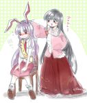  animal_ears black_hair blush bow brown_eyes bunny_ears embarrassed houraisan_kaguya long_hair multiple_girls necktie niwa_(njy) open_mouth petting pleated_skirt red_eyes red_neckwear reisen_udongein_inaba skirt smile touhou translated 