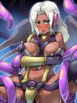  1girl armor bdsm black_panties blue_eyes blush bondage bound breasts dark_skin elma_(xenoblade_x) female large_breasts long_hair looking_at_viewer navel nintendo open_mouth panties solo spread_legs tentacle underwear white_hair xenoblade_chronicles_x xenoblade_x 