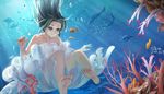  air_bubble artist_name bare_shoulders barefoot blue_eyes blue_hair breath bubble clownfish collarbone coral dated dress freediving highres holding_breath light_rays long_hair original shinkai_shoujo_(vocaloid) shon smile solo stingray strapless strapless_dress swimming turtle underwater vocaloid white_dress 