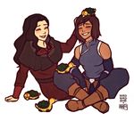  2girls animal artist_name asami_sato avatar:_the_last_airbender boots collaboration couple curly_hair dark_skin eyes_closed eyeshadow iahfy korra legend_of_korra legs_crossed long_hair makeup multiple_girls nikoniko808 short_hair sitting sleeveless smile the_legend_of_korra 