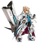  blackjd83 blonde_hair boots chung_seiker elsword full_body gauntlets gloves greaves green_eyes long_hair male_focus official_art pants spiked_hair standing surcoat tactical_trooper_(elsword) white_background 