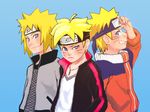  3boys ahoge artist_request blonde_hair blue_background boruto:_the_movie fishnets forehead_protector looking_at_viewer multiple_boys namikaze_minato naruto naruto_shippuuden necklace open_jacket pout smile spiked_hair time_paradox uzumaki_boruto uzumaki_naruto v-neck whiskers 