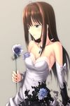  aqua_eyes breasts brown_hair cleavage dress flower green_eyes holding holding_flower idolmaster idolmaster_cinderella_girls jewelry long_hair medium_breasts necklace nu_(plastic_eraser) shibuya_rin solo strapless strapless_dress upper_body wedding_dress white_dress 