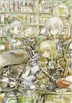  2girls :o aerosol blonde_hair blue_hair bottle braid character_doll choker cirno coffee_mug cosplay cup daiyousei double_v fairy_(jintai) fairy_(jintai)_(cosplay) gas_pump glasses graphite_(medium) green_eyes ground_vehicle hair_bobbles hair_ornament hair_ribbon hand_on_another's_head hat hat_ornament highres jinrui_wa_suitai_shimashita kawashiro_nitori kirisame_marisa light_smile looking_at_viewer master_(4th) morichika_rinnosuke motor_vehicle motorcycle mug multiple_girls no_hat no_headwear ribbon semi-rimless_eyewear shelf short_hair single_braid table touhou traditional_media tress_ribbon two_side_up under-rim_eyewear v watercolor_(medium) white_hair yamaha_rz250 yellow_eyes 