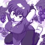  arms_up braid breasts chinese_clothes female food fruit genderswap grapes kneeling large_breasts monochrome ranma-chan ranma_1/2 saotome_ranma single_braid solo tangzhuang tomato wantan-orz wristband 