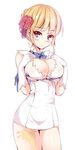  arm_ribbon beatrice blonde_hair blue_eyes blue_ribbon blush breasts cleavage cleavage_cutout cosplay dress dungeon_ni_deai_wo_motomeru_no_wa_machigatteiru_darou_ka flower gloves hair_flower hair_ornament hestia_(danmachi) hestia_(danmachi)_(cosplay) large_breasts long_hair looking_at_viewer murasakigo rei_no_himo ribbon rose solo umineko_no_naku_koro_ni white_dress white_gloves 