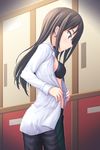  black_bra bra breasts brown_hair earrings from_side green_eyes idolmaster idolmaster_cinderella_girls jewelry long_hair nu_(plastic_eraser) open_clothes open_shirt see-through shibuya_rin shirt sideboob small_breasts solo underwear undressing white_shirt 