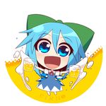  :d alcohol beer beer_mug blue_eyes blue_hair blush bow character_name chibi cirno cup dress foam hair_bow happy holding holding_cup kuresento looking_at_viewer open_mouth short_hair smile solo touhou 