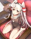  amatsukaze_(kantai_collection) barefoot brown_eyes chair choker desk dress gloves hair_tubes hanasaki_mahiru kantai_collection long_hair looking_at_viewer open_mouth sailor_dress shading_eyes short_dress silver_hair sitting solo two_side_up wariza windsock 