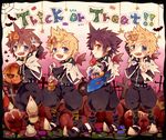  alternate_costume bat black_hair blonde_hair blue_eyes bow brown_hair bucket candy commentary_request cross fang food gloves halloween jack-o'-lantern kingdom_hearts lollipop looking_at_viewer male_focus mask multiple_boys open_mouth pinko_(inazume-panko) pumpkin roxas smile sora_(kingdom_hearts) spiked_hair spoilers standing trick_or_treat unversed v vanitas ventus wings 