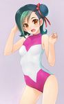  breasts green_hair hair_bun highres mizuki_kotori_(yuu-gi-ou_zexal) multicolored_hair ribbon school_swimsuit short_hair small_breasts swimsuit turtleneck two-tone_hair wacchi yuu-gi-ou yuu-gi-ou_zexal 