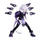  add_(elsword) black_footwear black_gloves black_pants clenched_teeth elsword full_body gloves grin hair_over_one_eye hwansang jacket male_focus messy_hair official_art pants psychic_tracer_(elsword) purple_eyes shoes smile solo standing teeth white_background white_hair 