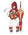  armor armored_dress elesis_(elsword) elsword expressionless free_knight_(elsword) full_body hand_on_hip left-handed long_hair neckerchief official_art ponytail red_eyes red_hair ress shoes skirt solo standing sword thighhighs weapon white_background white_legwear white_skirt 