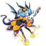  bat_wings dragalia_lost dress fang fire food_themed_hair_ornament hair_ornament hairstyle_request halloween_costume holding horns non-web_source official_art pumpkin_hair_ornament silke_(dragalia_lost) tail thighhighs wide_sleeves wings 