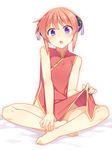  bare_arms bare_legs bare_shoulders barefoot blush bun_cover chestnut_mouth china_dress chinese_clothes double_bun dress dress_lift flat_chest gintama highres indian_style kagura_(gintama) looking_at_viewer open_mouth purple_eyes racer_(magnet) red_dress red_hair side_slit sitting solo spread_legs 