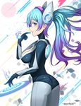  absurdres alternate_costume artist_name ass blue_eyes blue_hair bodysuit breasts cleavage colored_eyelashes dj_sona from_side frown_(wonderland85711) gradient_hair headband highres large_breasts league_of_legends long_hair looking_at_viewer multicolored_hair skin_tight solo sona_buvelle twintails very_long_hair 