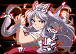  bow bwell fujiwara_no_mokou hair_bow hair_ribbon long_hair motion_lines red_eyes ribbon silver_hair solo suspenders torn_clothes torn_sleeves touhou 