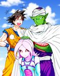  &gt;_&lt; :d black_hair black_sclera cape closed_eyes cloud collarbone day dougi dragon_ball dragon_ball_xenoverse dragon_ball_z female_majin green_skin hand_on_another's_head hand_on_hip muraosa_(conjecture) namek open_mouth outdoors piccolo pink_skin pointy_ears sky smile son_gokuu spiked_hair teeth turban wristband xd 