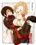  1girl ^_^ blonde_hair braid breasts brown_hair carrying cleavage closed_eyes covering_face embarrassed female_saniwa_(touken_ranbu) hair_ribbon kashuu_kiyomitsu large_breasts nail_polish open_mouth princess_carry ribbon saniwa_(touken_ranbu) scarf smile touken_ranbu translated utatane 