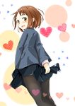  black_legwear blue_skirt bluekalmia blush boku_no_hero_academia brown_hair heart long_sleeves looking_back open_mouth pantyhose pleated_skirt school_uniform short_hair skirt solo u.a._school_uniform uraraka_ochako yellow_eyes 