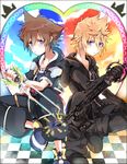  black_coat black_coat_(kingdom_hearts) blonde_hair blue_eyes brown_hair commentary_request fingerless_gloves gloves keyblade kingdom_hearts kingdom_hearts_ii male_focus multiple_boys organization_xiii pinko_(inazume-panko) roxas sitting sora_(kingdom_hearts) spiked_hair 