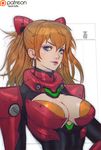  adapted_costume banned_artist blue_eyes breasts brown_hair cleavage cleavage_cutout earrings hairpods jewelry large_breasts lips long_hair neon_genesis_evangelion nose older paul_kwon plugsuit rebuild_of_evangelion shikinami_asuka_langley solo souryuu_asuka_langley twintails upper_body 