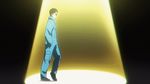  1boy animated animated_gif black_eyes black_hair dancing japanese_flag makabe_kenji male_focus moonwalk short_hair solo spotlight uchuu_kyoudai 