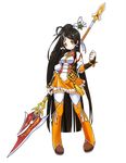  ahoge ara_han black_hair boots detached_sleeves elsword full_body hair_ornament hairpin little_xia_(elsword) long_hair official_art orange_eyes orange_footwear orange_skirt orange_sleeves polearm ponytail sando_(artist) skirt smile solo spear standing thighhighs very_long_hair weapon white_background white_legwear white_sleeves 