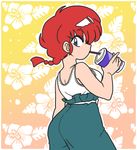  1girl ass blue_eyes braid drinking_straw flower genderswap ranma-chan ranma_1/2 red_hair saotome_ranma single_braid solo wantan-orz wantan_orz 