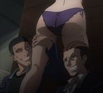  1girl 2boys ass multiple_boys okada_saki panties purple_panties side-tie_panties smile standing stitched triage_x underwear 