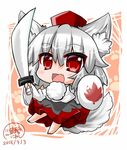  2015 :d animal_ears bad_id bad_pixiv_id blush chibi dated fang hair_between_eyes hat holding holding_weapon inubashiri_momiji leaf long_hair long_sleeves looking_at_viewer maple_leaf noai_nioshi open_mouth paw_print red_eyes revision shield signature silver_hair skirt smile solo sword tail tokin_hat touhou weapon wolf_ears wolf_tail 